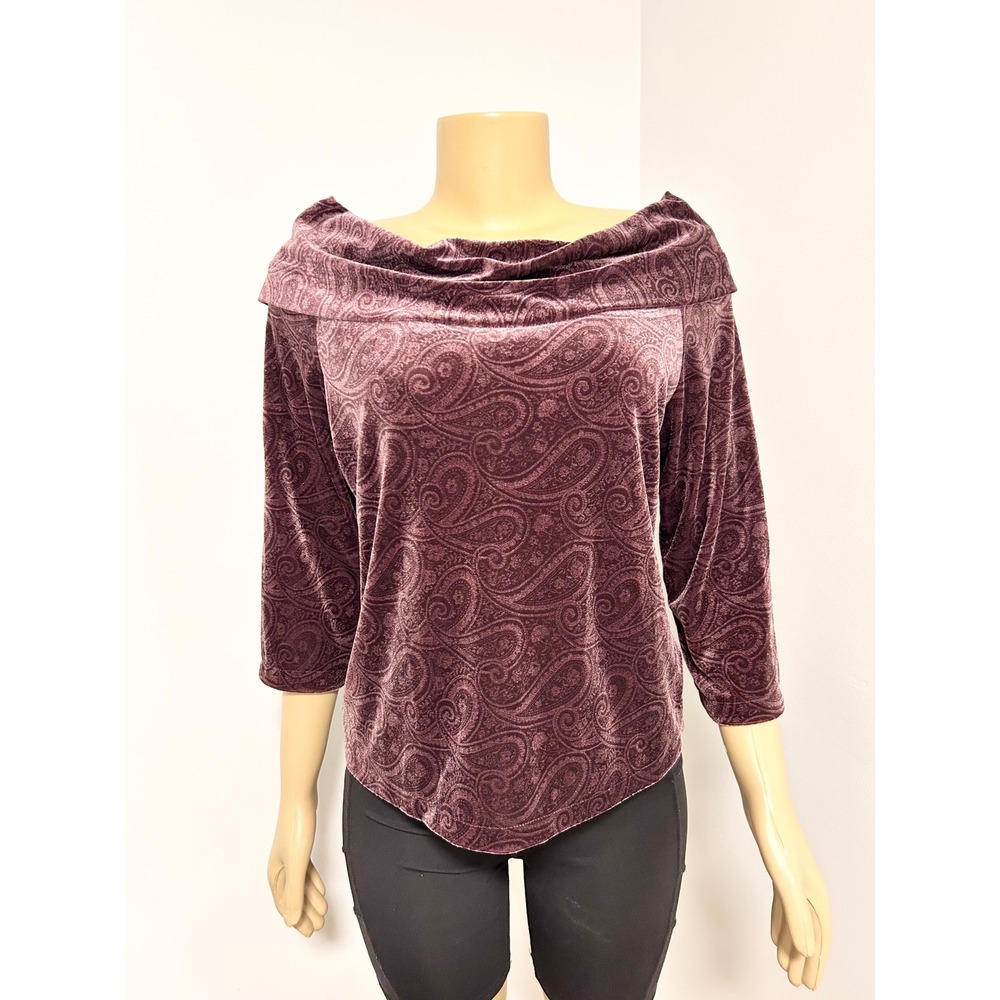 Y2K New York & Company Plum Purple Paisley Velvet Cowl Neck Top 3/4 Sleeve L